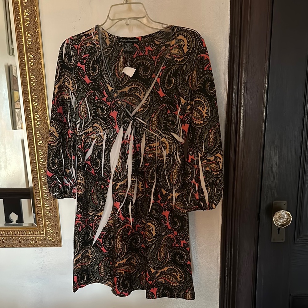 Orange and Black Knee-Length Sundress with Long Bishop Sleeves and V-Neck